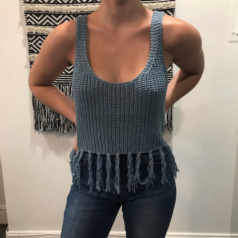 Baby blue fringe knit crop top